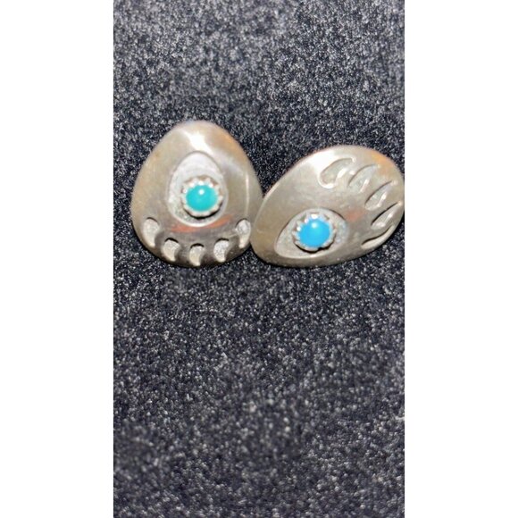 Native KINGMAN Silver 925 Turquoise Shadowbox Bear Claw Stud Earrings Protection - Picture 3 of 6